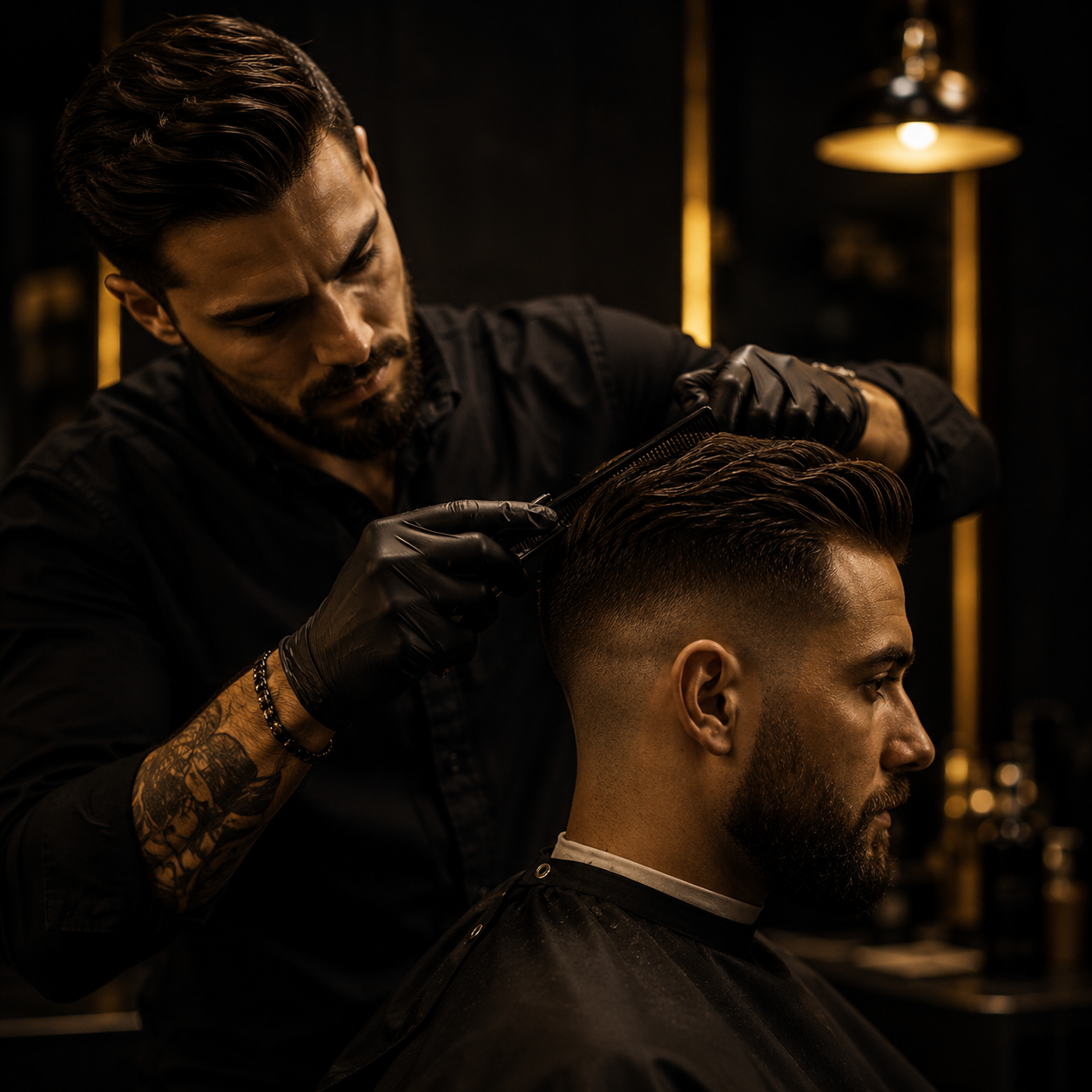 Barber combing and cutting a client's hair