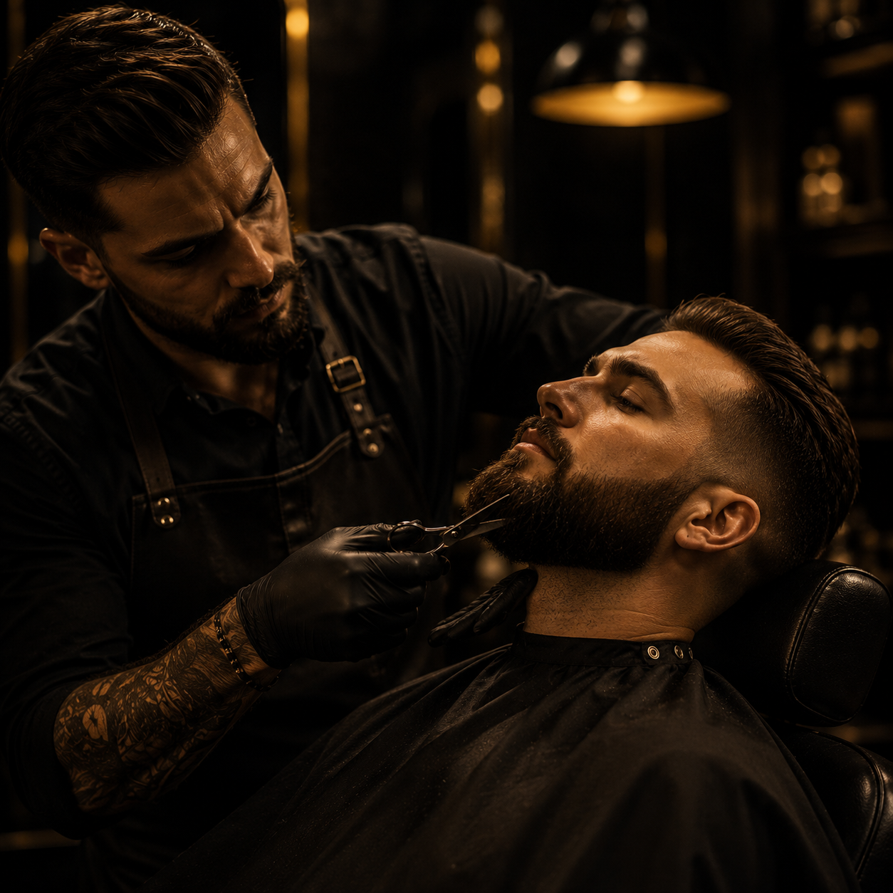 Barber trimming a client's beard with scissors