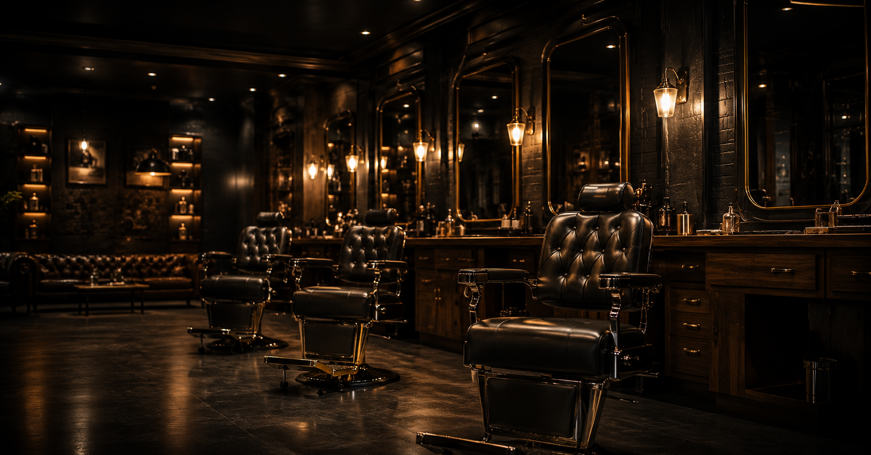 Dark moody SharpCuts barbershop interior with leather chairs and brass fixtures